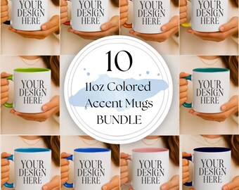 11oz Mug Mockup Bundle: Accent Color Ceramic Mug Mock-Ups, Cozy Coffee Cup Mocks, Hand Held Mockup Bundle (JPGs)
