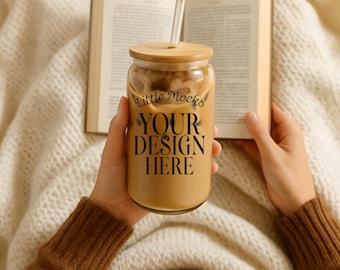 16oz Sipper Glass Can Mockup, Bookish Glass Can Mockup 16 oz Glass Beer Can Boho Cottagecore Sipper Glass Cozy Blanket Hand Held Mockup
