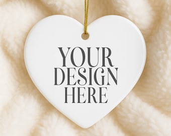 White Heart Ceramic Ornament Mockup: Soft Blanket Styled Ornament Stock Photo (Digital JPG Image)