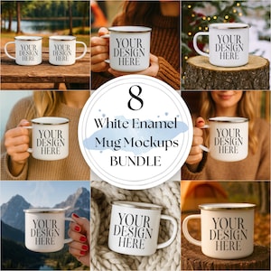 Könnte beinhalten: Acht weiße Emaille-Becher-Mockups mit silbernen Rändern und Griffen. Jeder Becher trägt den Text "YOUR DESIGN HERE". Die Becher werden in verschiedenen Umgebungen präsentiert, darunter Innen- und Außenbereiche.