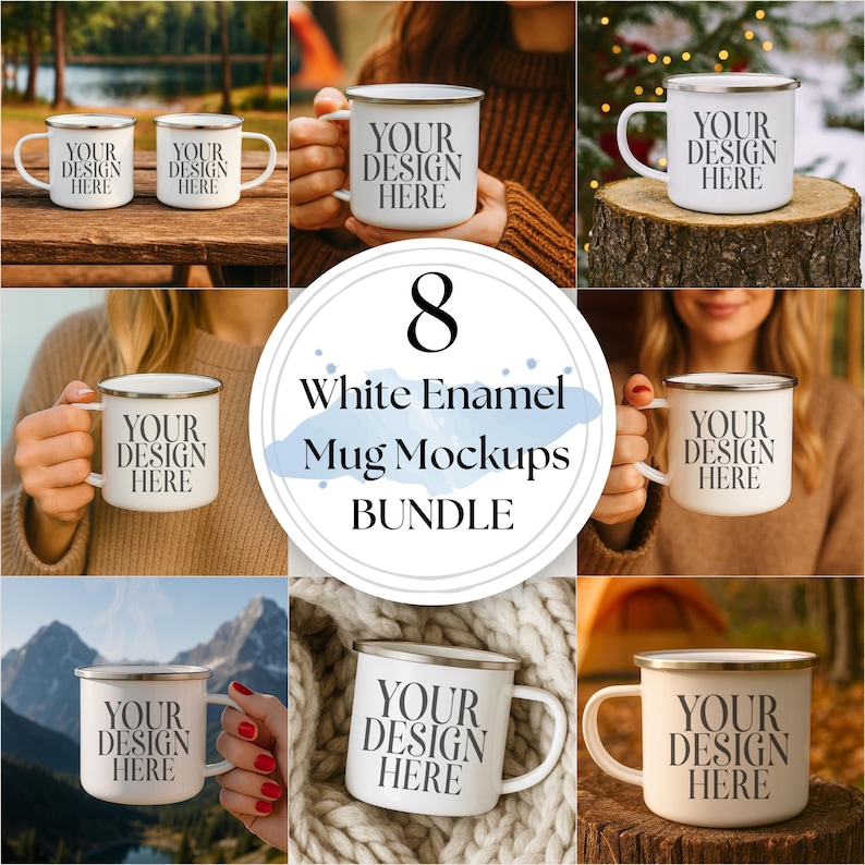 White Enamel Camping Mug Mockup Bundle: 12oz Mug Bundle, Enameled Mugs mockup, Camper Mugs, Fall autumn cozy mug, Xmas Cozy Winter (JPGs)