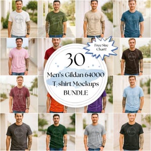 Könnte beinhalten: Eine Sammlung von 30 Gildan 64000 T-Shirt-Mockups in verschiedenen Farben, darunter Weiß, Grün, Blau, Rosa und Burgunderrot. Jedes Mockup zeigt eine Person, die das T-Shirt trägt. Das Bild enthält den Text "Men's Gildan 64000 T-shirt Mockups BUNDLE."