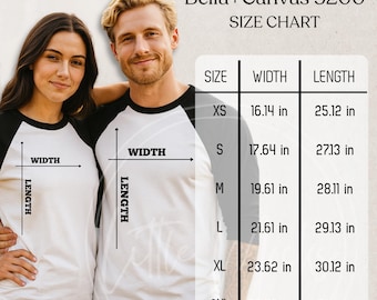 Bella Canvas 3200 Size Chart: Raglan Baseball Tee Mockup, Couple's BC3200 Three Quarter Sleeve Tshirt, 3/4 Bella Canvas Raglan Size Guide