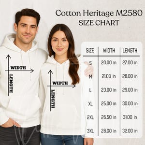 Cotton Heritage M2580 Size Chart Mockup: Unisex Fleece Hoodie Sizing Guide (JPG File)