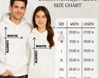 Cotton Heritage M2580 Size Chart Mockup: Unisex Fleece Hoodie Sizing Guide (JPG File)