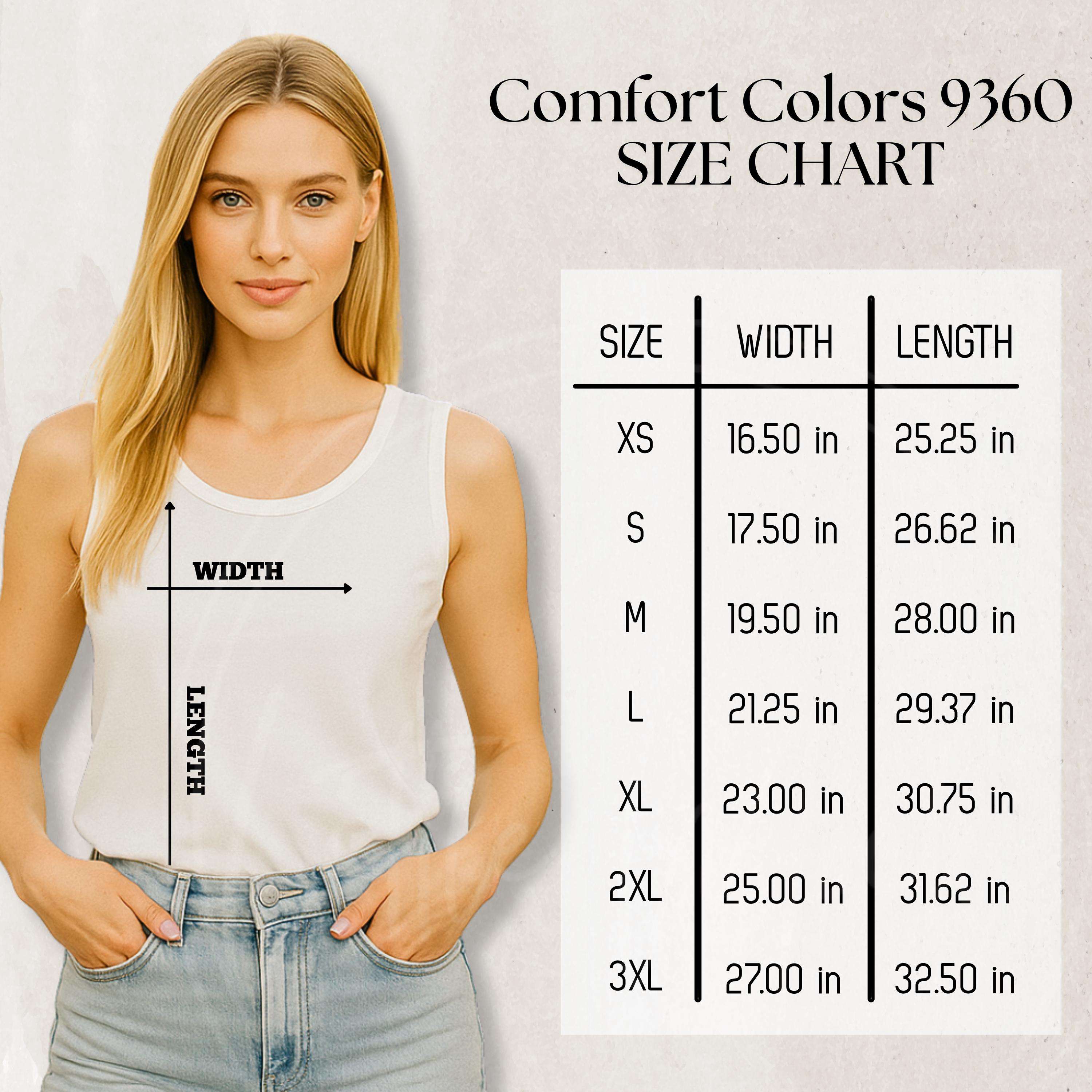 Comfort Colors 9360 Unisex Tank Top Size Chart Mockup (JPG Digital