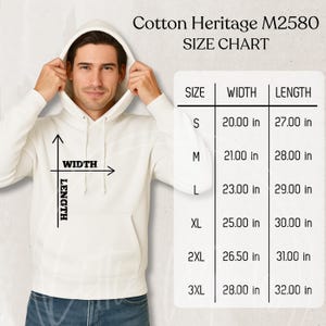 Cotton Heritage M2580 Size Chart Mockup: Unisex Fleece Hoodie Sizing Guide (JPG File)