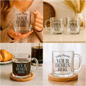 May include: Clear glass mugs with a handle, featuring the text "Little Mocks YOUR DESIGN HERE". One mug is held by a person, others are on a surface. One mug contains coffee and sits on a wooden coaster.
