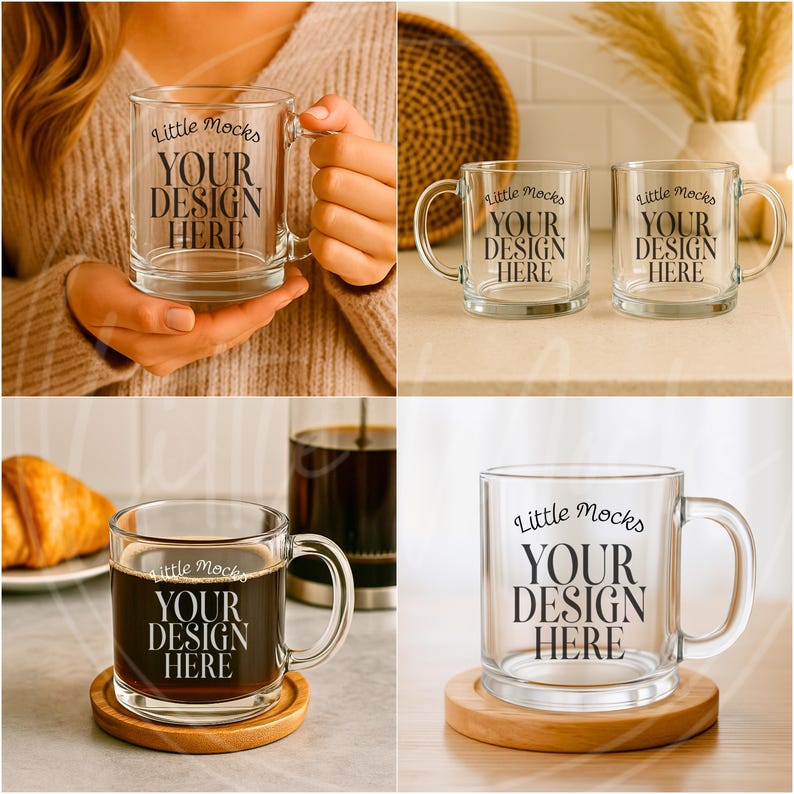 May include: Clear glass mugs with a handle, featuring the text "Little Mocks YOUR DESIGN HERE". One mug is held by a person, others are on a surface. One mug contains coffee and sits on a wooden coaster.