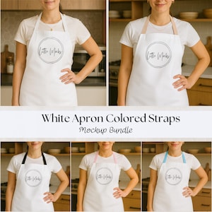 May include: White aprons with colored straps are displayed in a mockup bundle. The aprons have a circular logo that says "Little Mocks". The straps come in various colors, including black, pink, and blue. The text "White Apron Colored Straps Mockup Bundle" is also visible.