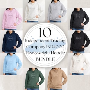 May include: A selection of ten Independent Trading Company IND4000 heavyweight hoodies in a range of colours, such as pink, white, grey, black, navy, light blue, green, and tan. Each hoodie has a front pocket and a circular logo.