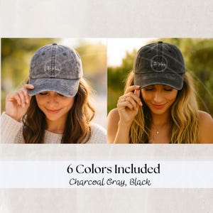 May include: Two baseball caps in charcoal gray and black, each with a circular logo, are shown. The caps are worn by a person. The text "6 Colors Included" and "Charcoal Gray, Black" is displayed below the caps.