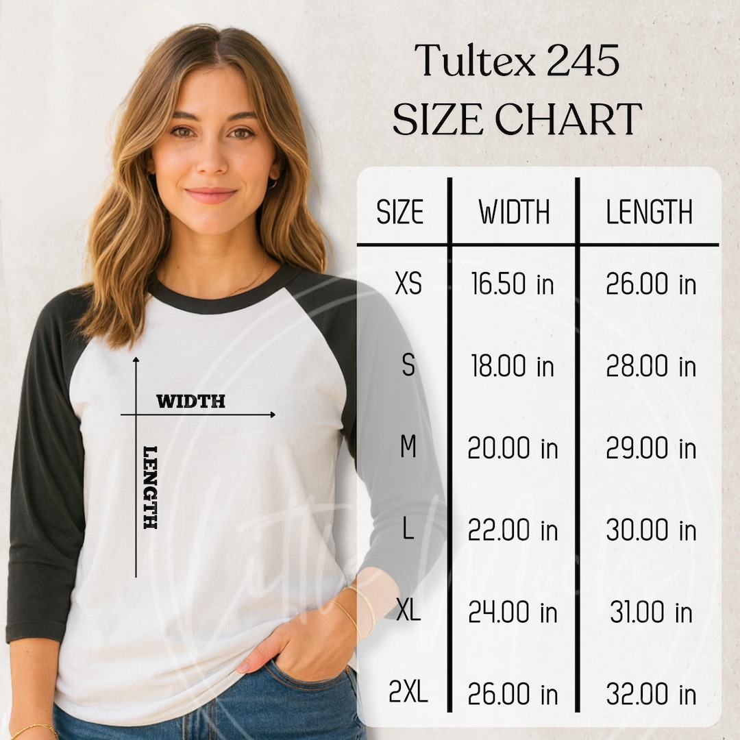 Tultex 245 Size Chart: Three-quarter Sleeve Raglan Shirt Mockup