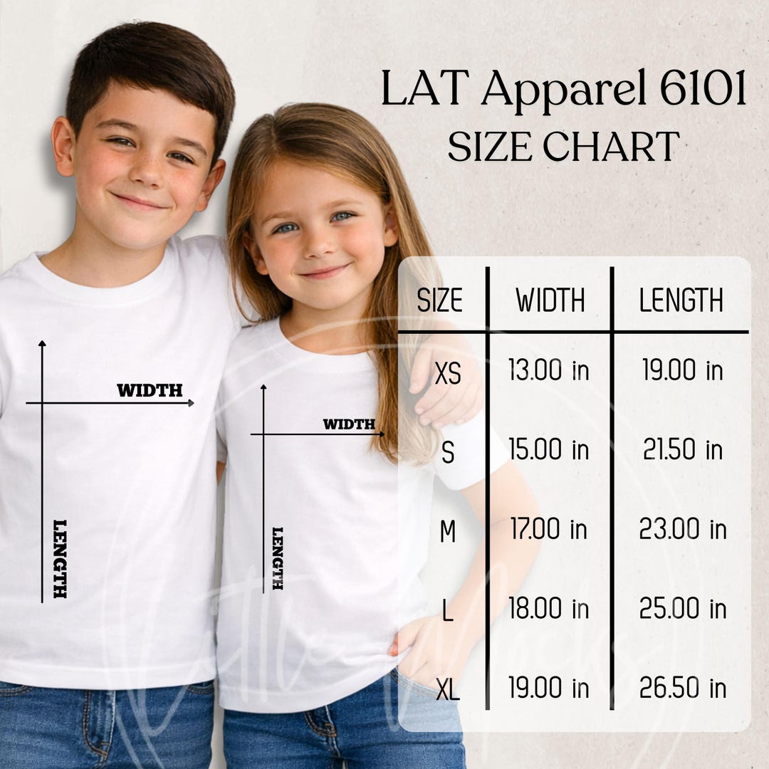 LAT Apparel 6101 Size Chart Mockup: Kids Unisex Kids Fine Jersey