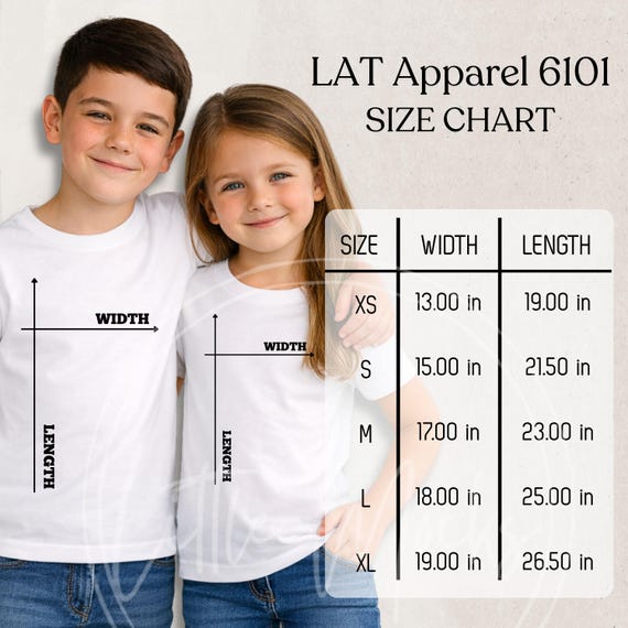 LAT Apparel 6101 Size Chart Mockup: Kids Unisex Kids Fine Jersey