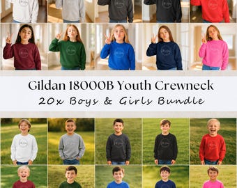 May include: A collection of Gildan 18000B youth crewneck sweatshirts in various colors, including white, gray, black, red, burgundy, green, blue, navy, and pink. The sweatshirts feature a circular design and the text "The Jubilee".