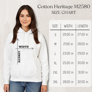Cotton Heritage M2580 Size Chart Mockup: Unisex Fleece Hoodie Sizing Guide (JPG File)