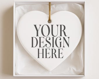 Heart Ornament Mockup: White Ceramic Boxed Christmas Ornament, Styled Stock Photo (Digital JPG Image)