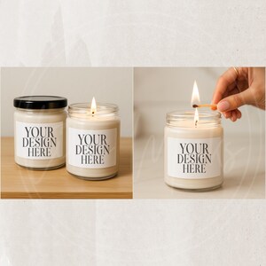 May include: Two glass jar candles with white labels that read "YOUR DESIGN HERE." One candle has a black lid, the other is lit. A hand lights a match to the candle. The candles are on a wooden surface.