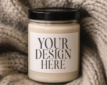 9oz Soy Candle Mockup: Cozy Lidded Jar Candle, White Candle Label Mockup, Scented Candle Mockup, Soft Blanket Lumient Printify Candle (JPG)