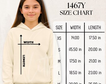 Comfort Colors 1467Y Size Chart Mockup: Lightweight Youth Hooded Sweatshirt, Kid's Unisex Hoodie Sizing Guide Baby Girl Youth (JPG File)