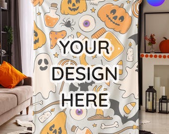 Halloween Blanket Mockup Canva Drag & Drop Template: Velveteen Plush Blanket