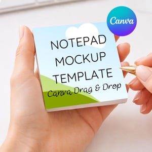 May include: A notepad mockup template with a sky and grass design. The notepad has the text "NOTEPAD MOCKUP TEMPLATE Canva Drag & Drop" and a Canva logo in the upper right corner. The notepad is held in a person's hand.