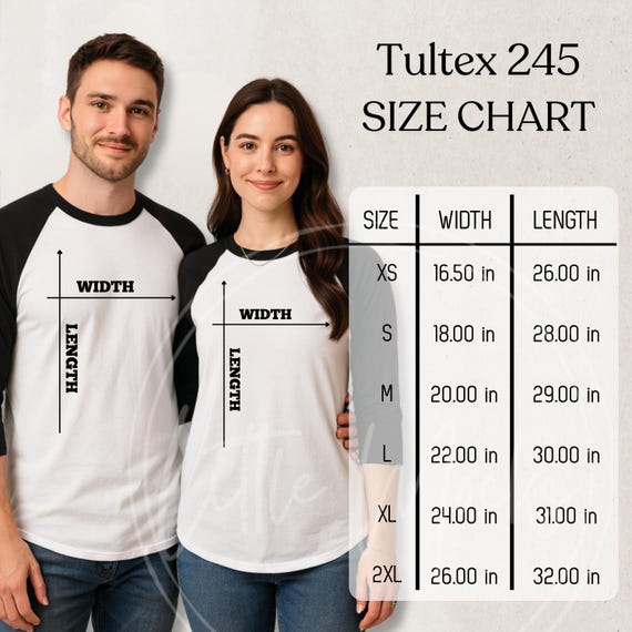 Tultex 245 Size Chart: Three-quarter Sleeve Raglan Shirt Mockup