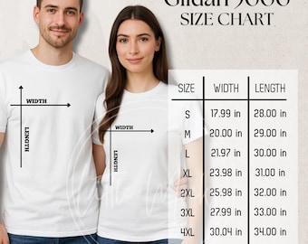 Maqueta de la tabla de tallas Gildan 5000: Guía de tallas de camisetas unisex, tallas Gildan para parejas (JPG)