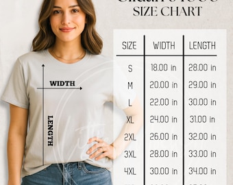 Maqueta de tabla de tallas de camisetas Gildan 64000, guía de tallas de camisetas unisex (archivo JPG)