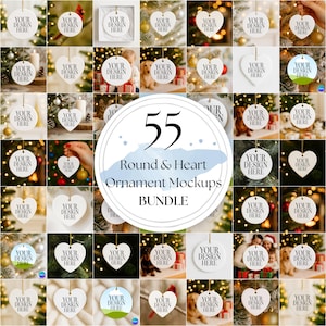 May include: A collection of 55 round and heart-shaped ornament mockups. Each mockup features a blank space for custom designs, with the text "YOUR DESIGN HERE" printed on them. The ornaments are displayed against festive backgrounds, including Christmas trees and holiday settings.