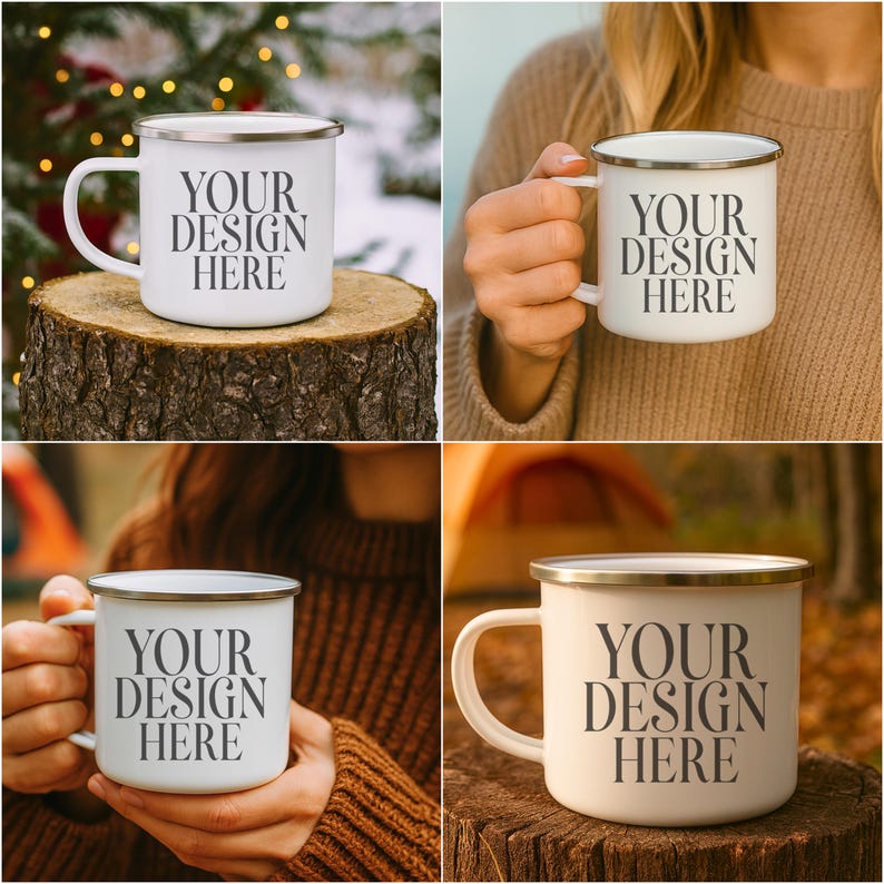 Op de afbeelding: Witte emaille campingmok met een zilveren rand en handvat. De mok heeft de tekst "YOUR DESIGN HERE" in een vet, zwart lettertype. De mok wordt getoond in verschillende buitenomgevingen, waaronder op een boomstronk.