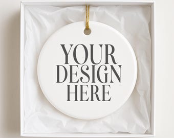 Round Ceramic Boxed Christmas Ornament Mockup: Styled Stock Photo (Digital JPG Image)