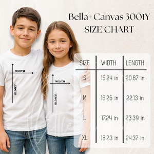 May include: Two children wearing white t-shirts, with a size chart showing measurements in inches. The chart, labeled "Bella + Canvas 3001Y SIZE CHART," lists sizes S, M, L, and XL, with corresponding width and length measurements.