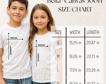 Bella Canvas 3001Y Size Chart Mockup: Unisex Youth Short Sleeve Tee Sizing Guide (JPG File)