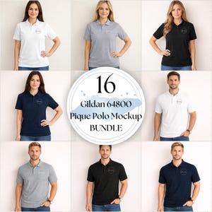 May include: A collection of polo shirts in various colors, including white, gray, black, and navy blue. The shirts are displayed on models. The image includes a circular graphic with the text "16 Gildan 64800 Pique Polo Mockup BUNDLE."