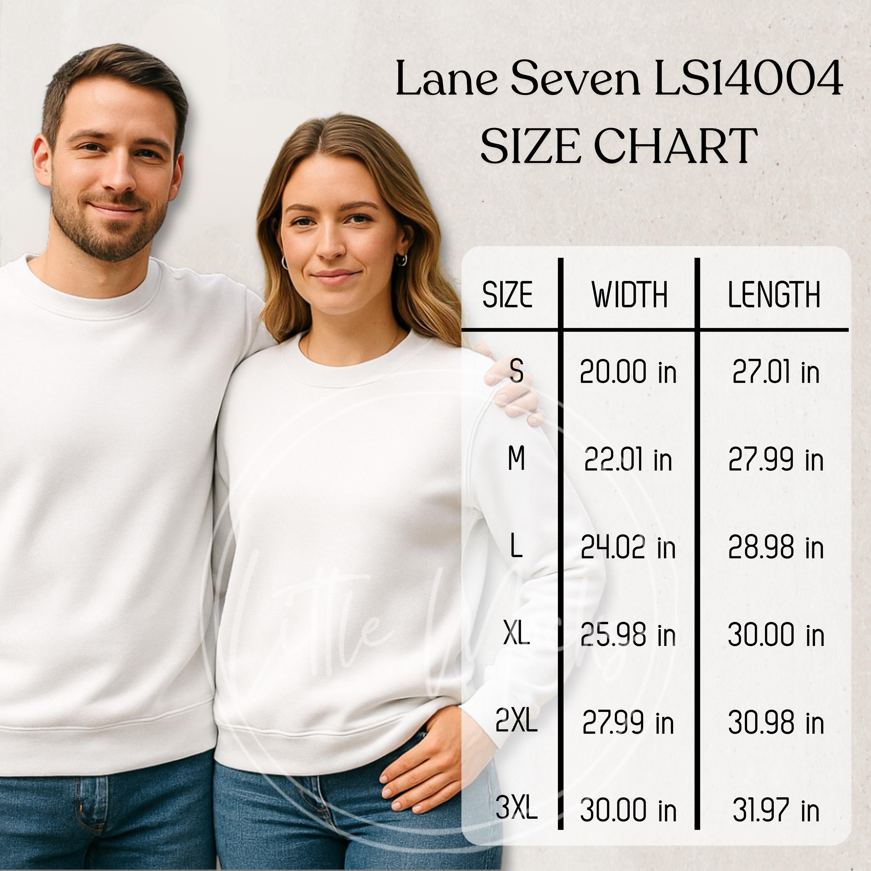 Lane Seven LS14004 Size Chart: Unisex Crewneck Sweatshirt Sizing