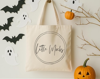 Mockup de sacola de algodão para o verão: sacola para doces de Halloween, abóboras assustadoras de outono, sacola para "doces ou travessuras" (arquivo JPG)