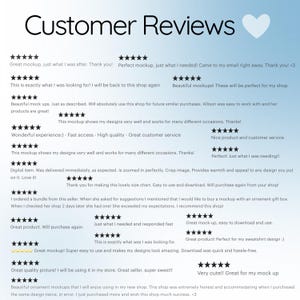 Op de afbeelding: Een lichtblauwe afbeelding met de woorden "Customer Reviews" en een wit hart. De afbeelding toont klantbeoordelingen met sterrenbeoordelingen en positieve feedback over digitale mockups en productkwaliteit.