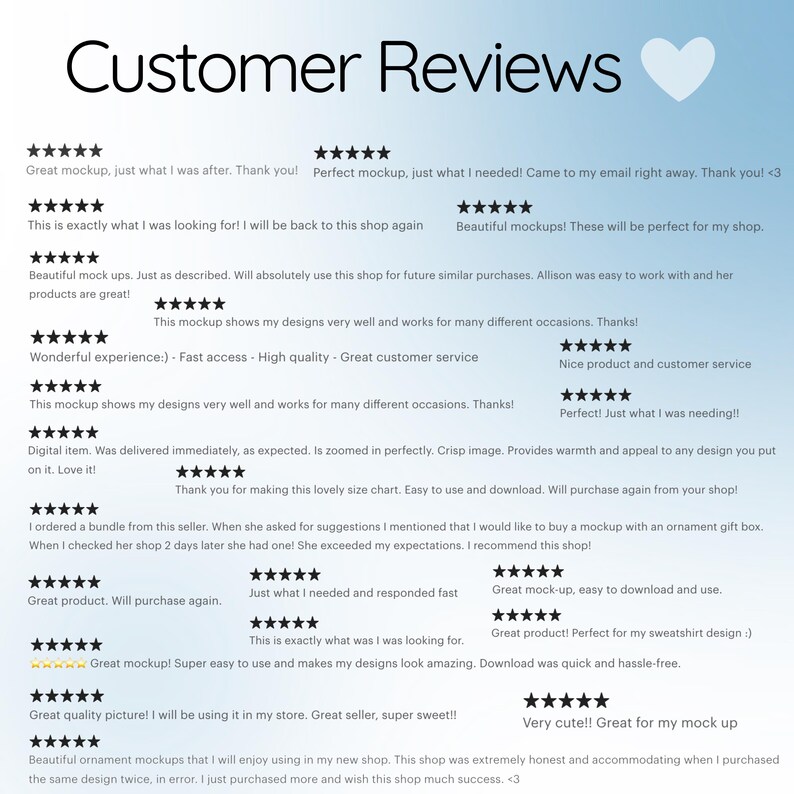 Op de afbeelding: Een lichtblauwe afbeelding met de woorden "Customer Reviews" en een wit hart. De afbeelding toont klantbeoordelingen met sterrenbeoordelingen en positieve feedback over digitale mockups en productkwaliteit.