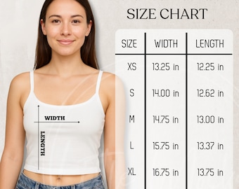 Bella Canvas 1012 Size Chart Mockup: Women's Spaghetti Strap Tank Top Sizing Guide, Printify POD (JPG File)