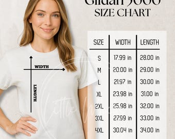 Maqueta de la tabla de tallas Gildan 5000: Guía de tallas de camisetas unisex, tallas Gildan para mujer (JPG)