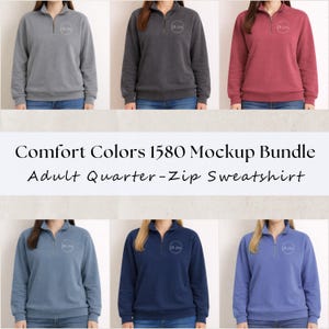 Puede incluir: Un paquete de maquetas de sudaderas con cremallera de un cuarto de Comfort Colors 1580 para adultos en seis colores: gris, gris oscuro, rojo, azul, marino y bígaro. Cada sudadera tiene una cremallera de un cuarto y un pequeño logotipo en el pecho.