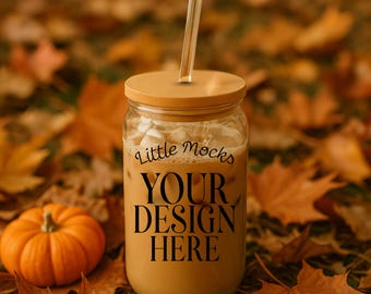 Autumn Glass Can Summerween Mock up 16 oz Glass Beer Can Mock Libbey Sipper Glass Mocks ups Cozy Fall Mockup Cozy POD Mock-ups