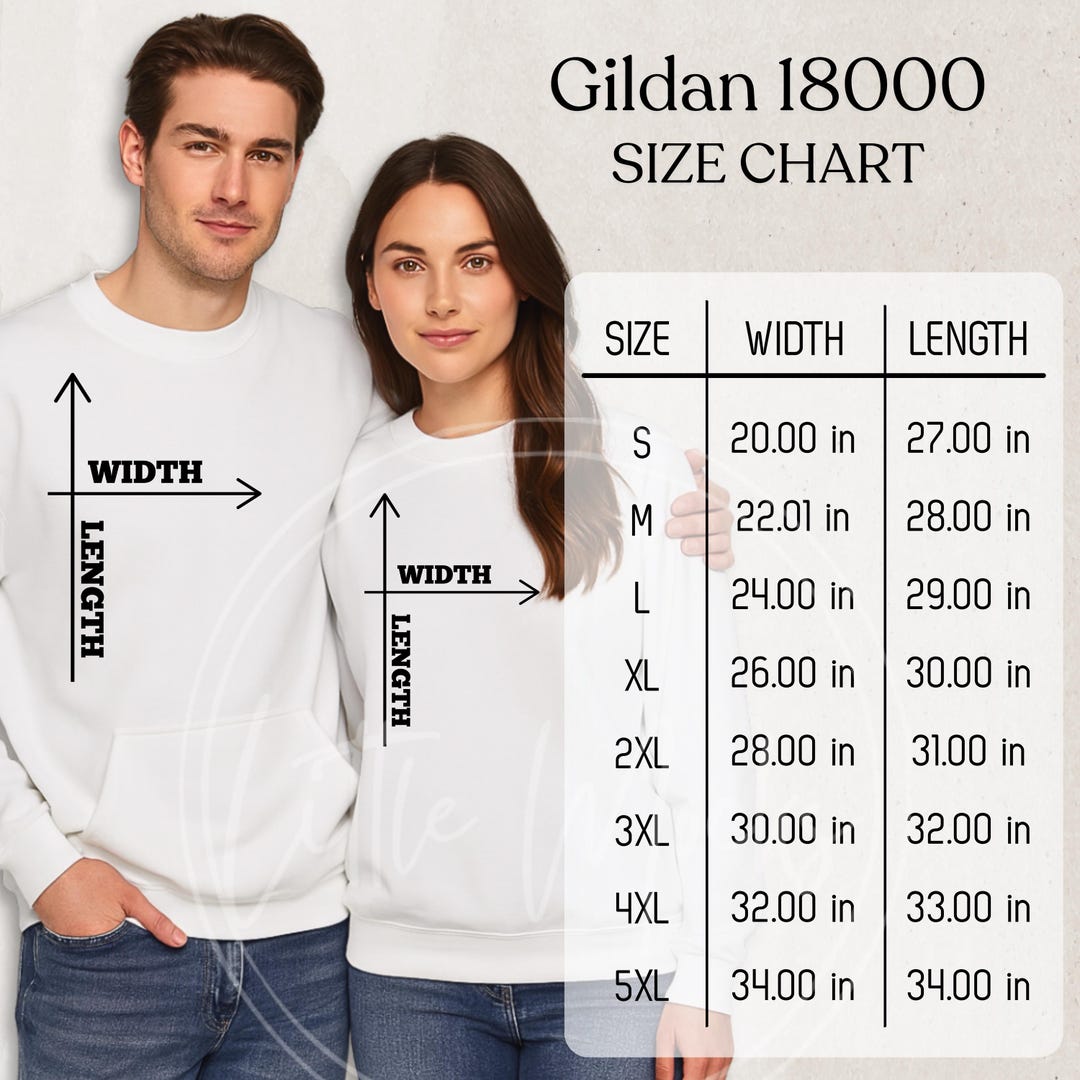 Gildan 18000 Mockup Size Chart: Unisex Crewneck Sweatshirt Sizing Guide ...