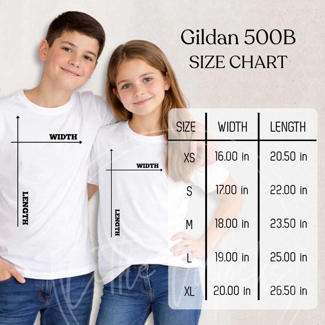 Gildan 500B Size Chart Mockup Unisex Youth Heavy Cotton Tshirt Sizing