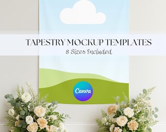 Tapestry Mockup Template Bundle: Wall Hanging Canva Banner Design, Drag & Drop Tapestry, Floral Boho Wall Sign Tapestry (PDF Download)