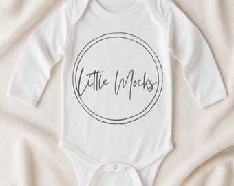 White Rabbit Skins 4411 Mockup: Infant Long Sleeve Bodysuit Flat Lay Mock-Up, Boho Soft Blanket White 4411 Baby Mock Up Neutral Minimal JPG