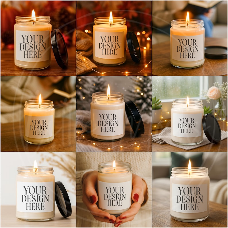 May include: Lit glass jar candles with black lids. Each candle has a white label with the text "YOUR DESIGN HERE". The candles are lit, with a warm glow. The background includes fall foliage, fairy lights, and cozy settings.