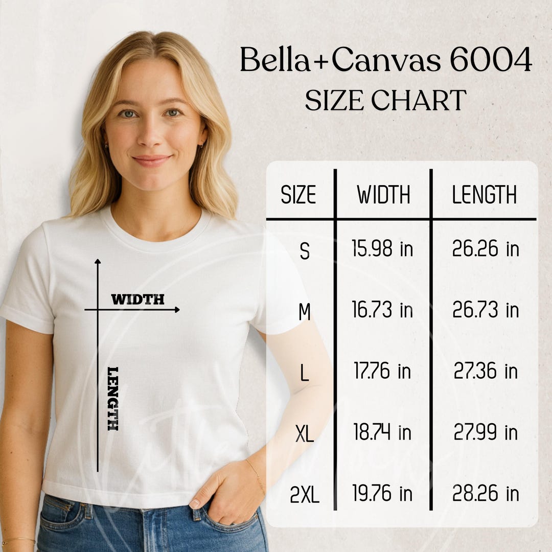 Bella Canvas 6004 Size Chart Mockup: Women's T-shirt Sizing Guide